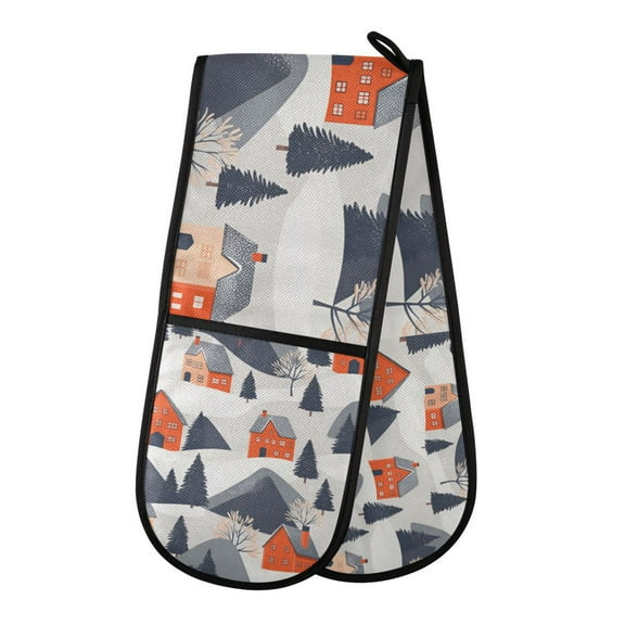 Yayeee Double Oven Mitt Kitchen Heat Resistant Baking 35" x7" Quilted Glove, Blue Snow Houses