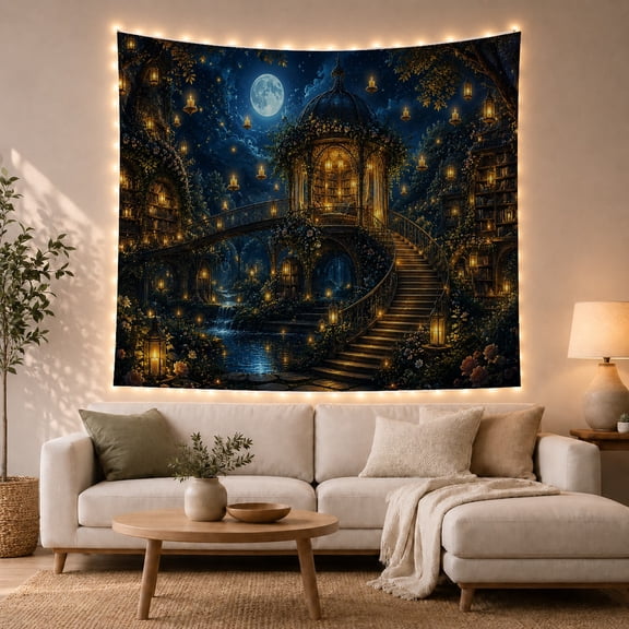 Stone Gazebo with Bookshelves in a Starlit Garden with Golden Lanterns, Mystical Fantasy for Book Lovers, Wall Art Decor, Housewarming Gift, Tapestry Wall Hanging for Bedroom and Living Room