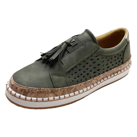 QYZEU White Sneakers Women Sandals for Women Summer 2024 Women s Fashion Fringe Hollow Out Round Toe Flat Slip On Shoes Shoes Women Sneakers Sport Shoes Green 37