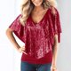 thumbnail image 4 of Top sin tirantes de lentejuelas de color liso con cuello en V para mujer - Manga chal, ropa informal/de fiesta, tejido ligero y fluido, 4 of 4