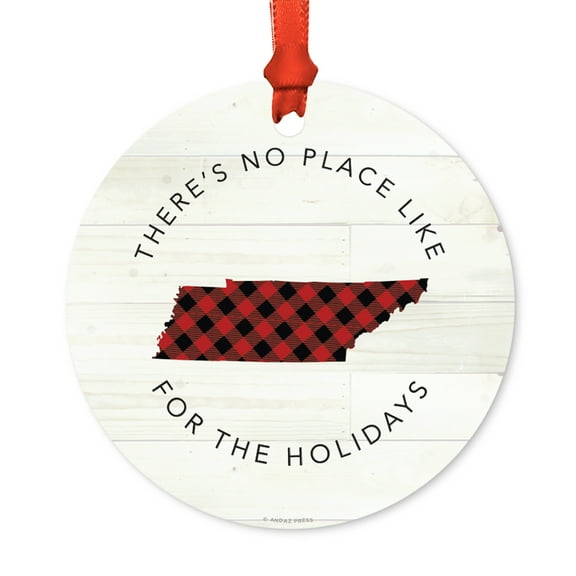 US State Round Metal Christmas Ornament, Red Plaid on Light Rustic Wood, Tennessee, Includes Ribbon and Gift Bag