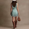 thumbnail image 2 of Morttic Women's Fashionable Boho Faux Suede Fringe Mini Dress – Sleeveless Front Zip Slim Bodycon Party Dress Green，S, 2 of 3