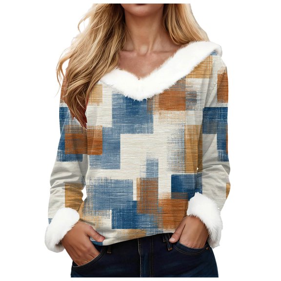 larppty Shirts for Women Long Sleeve Fur Collar Shirt Cute Fashion Blouse Vacation Tees Pullover Loose Fit (White, XL)