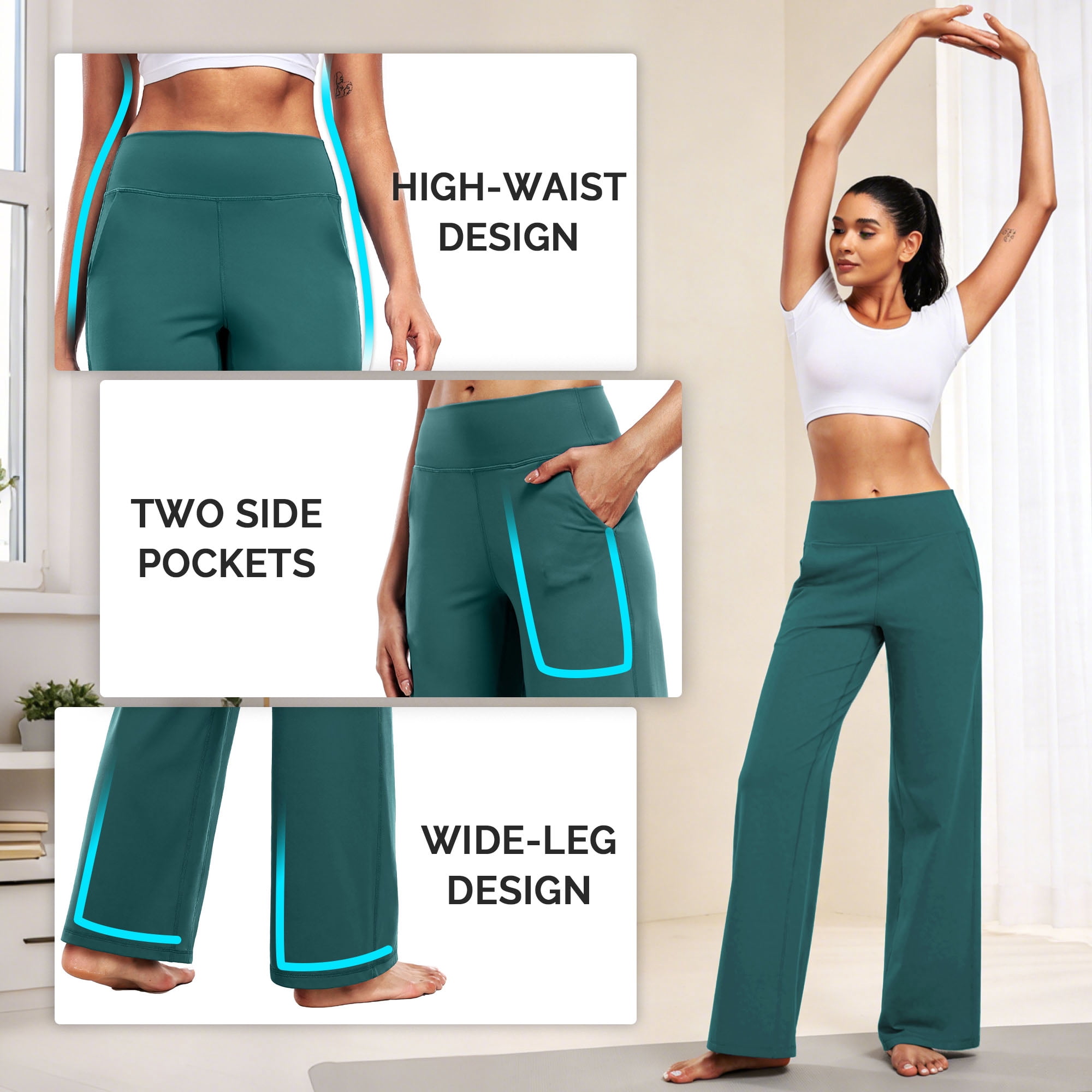 NELEUS ButterSoftFlex Womens Wide Leg Pants Athletic Yoga Legging Casual Sweatpants with Side Pockets,Dark Green,US Size S