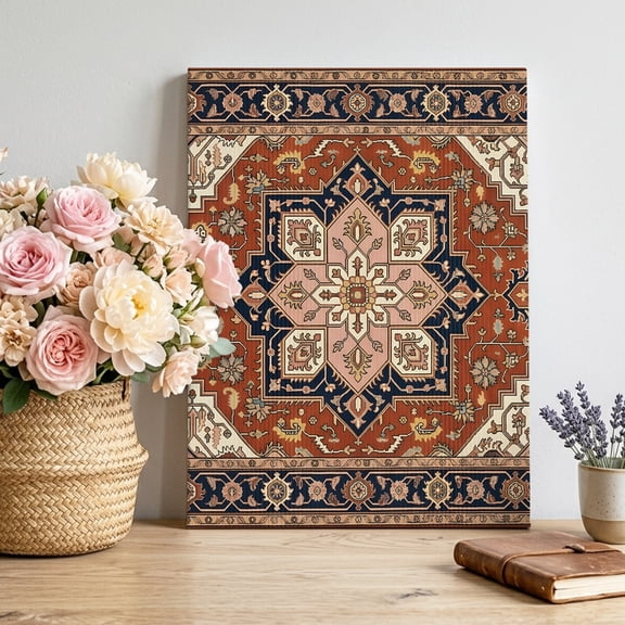 Abstract Flowers Canvas Wall Art for Living Room, Bohemian Vintage Orange Pink Navy Blue Floral Poster Print Painting for Entryway Side Of Cabinet Decoration Wall Pictures Prepare To Hang 8"x12"