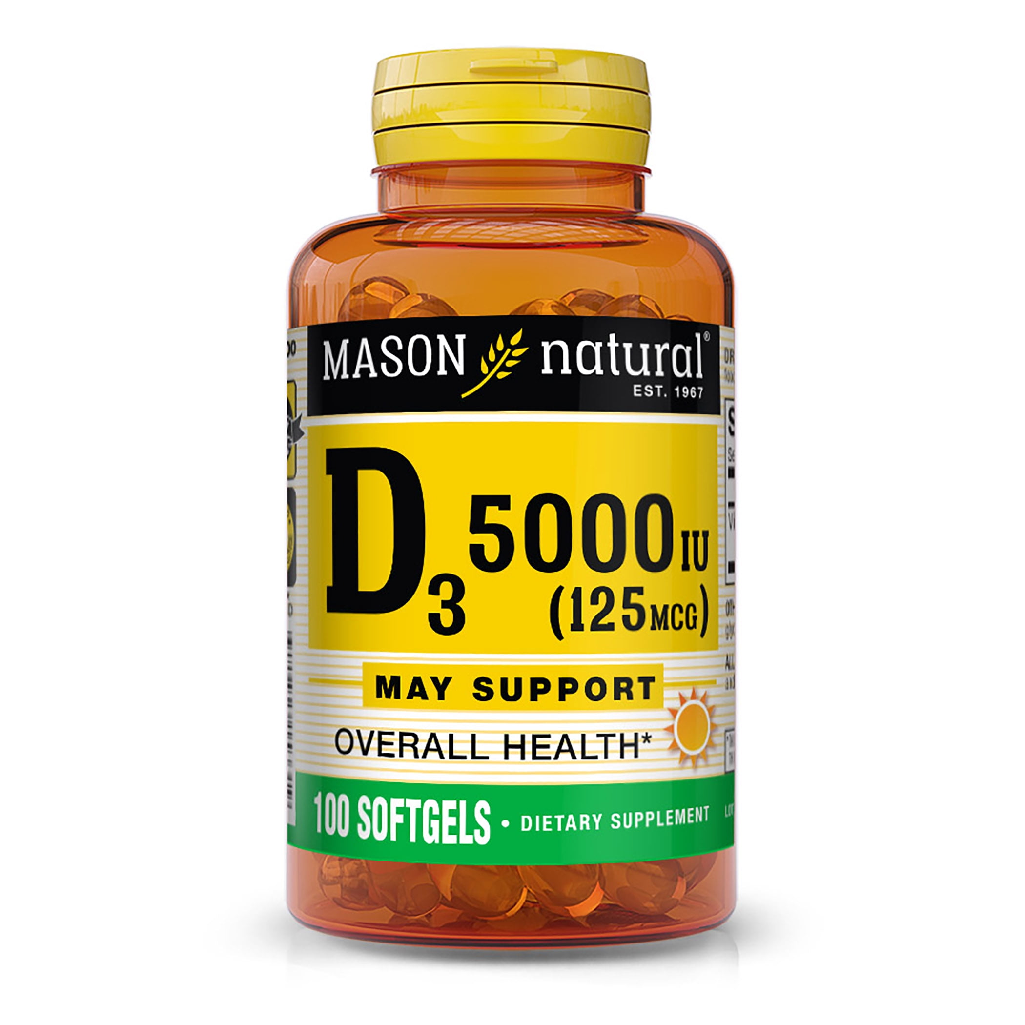 Mason Natural Vitamin D3 125 mcg (5000 IU) - Supports Overall Health, Strengthens Bones and Muscles, from Fish Liver Oil, 100 Softgels