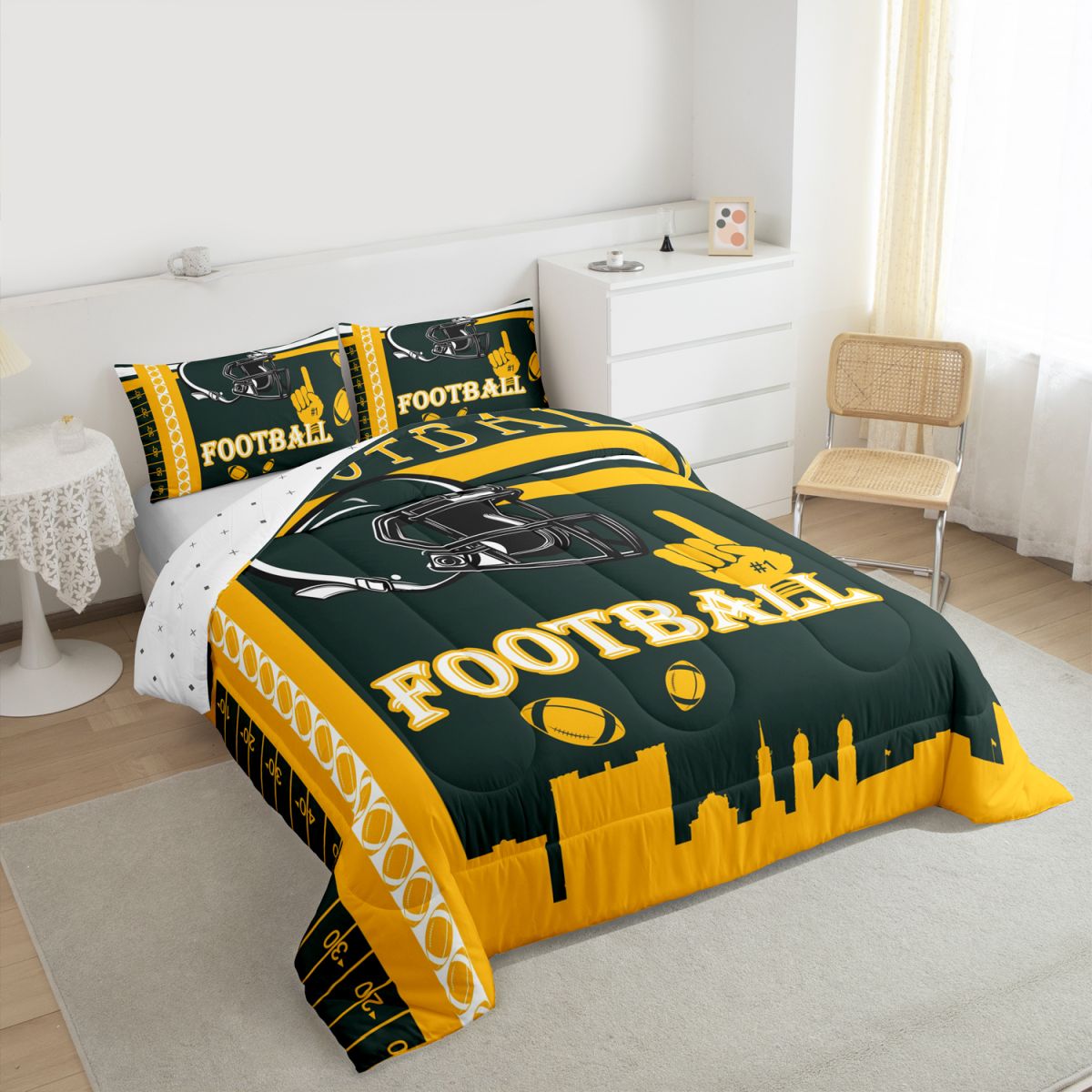 Erosebridal Football Bedding Set Full Size Green Bay Comforter Set Rugby Sports Gifts for Football Fans Women Men Football City Comforter American Football Duvet Set Bedroom Decor