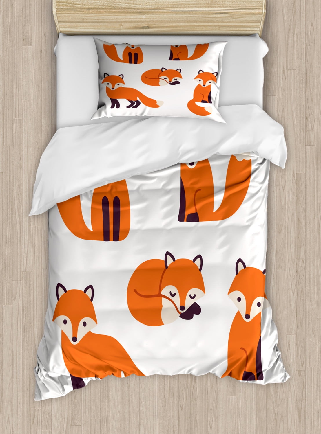 Cottonight Yellow Fox Duvet Cover Twin Kids Bedding Sets Fox Cotton Bedding for Boys Girls Cartoon Super Soft 