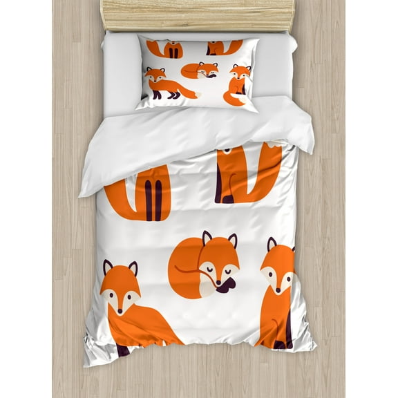 Ambesonne Fox Duvet Cover Set, Simple Style Cartoon Animals, Twin, Beige Orange Indigo