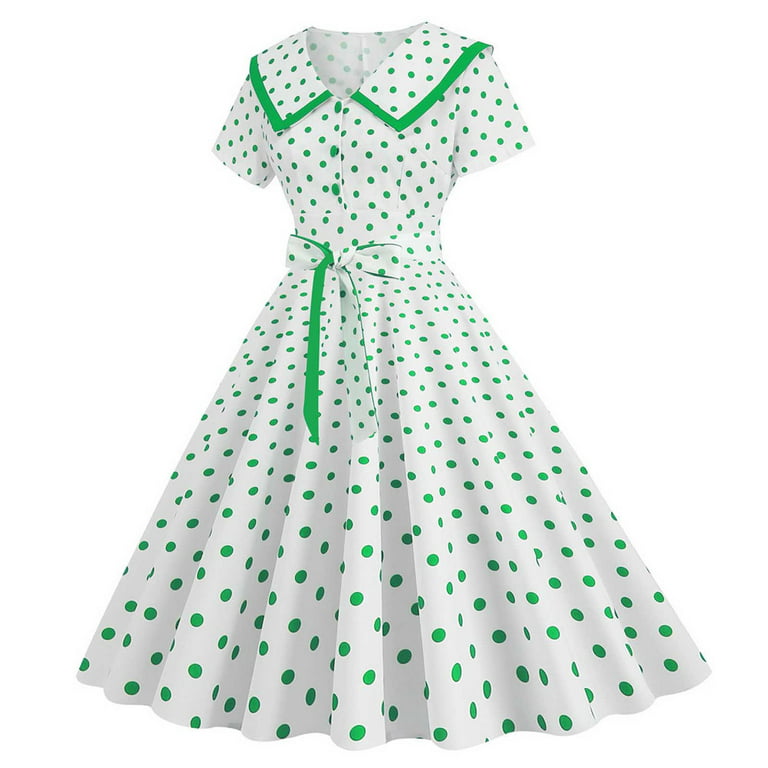 XFLWAM Vintage Women 1950s Lapel Button Down Rockabilly Knot Front Swing  Dress 50s Retro Hepburn Style A-Line Dresses Green XXL