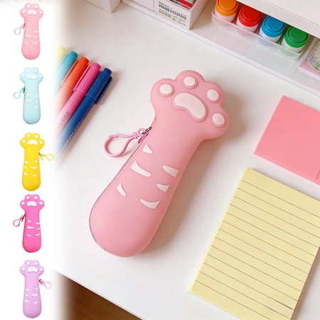 FEOLGEHLY Pencil Case Cute Cat Paw Silicone Pen Pouch Desktop Stationery Organizer Portable Durable Retains its Shape Soft for Holds Pens Erasers Correction Tape Small Items (Pink)