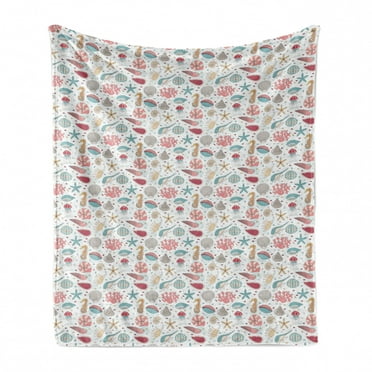 Ocean Soft Flannel Fleece Blanket, Arrangement of Ocean Fauna and Flora Shells Sea Horses and Jellyfishes Cartoon Style, Cozy Plush for Indoor and Outdoor Use, 50" x 60", Multicolor, by Ambesonne