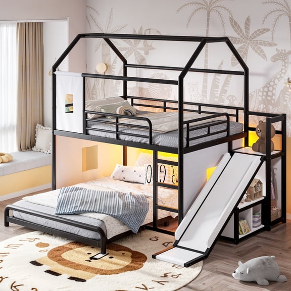 GDF Studio Full over Full Playhouse Bunk Bed with Slide, Ladder, LED Light, Cabinet & Curtain Rod, Black