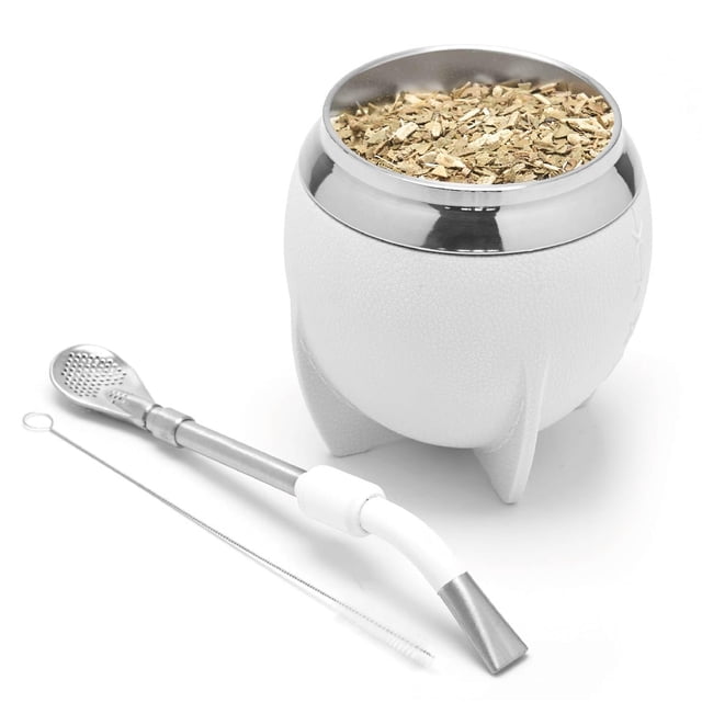 BALIBETOV Yerba Mate - Juego de tazas y bombillas de acero inoxidable, incluye calabaza Yerba Mate de acero inoxidable, foco mate de alta calidad y cepillo para polvo de limpieza (blanco)