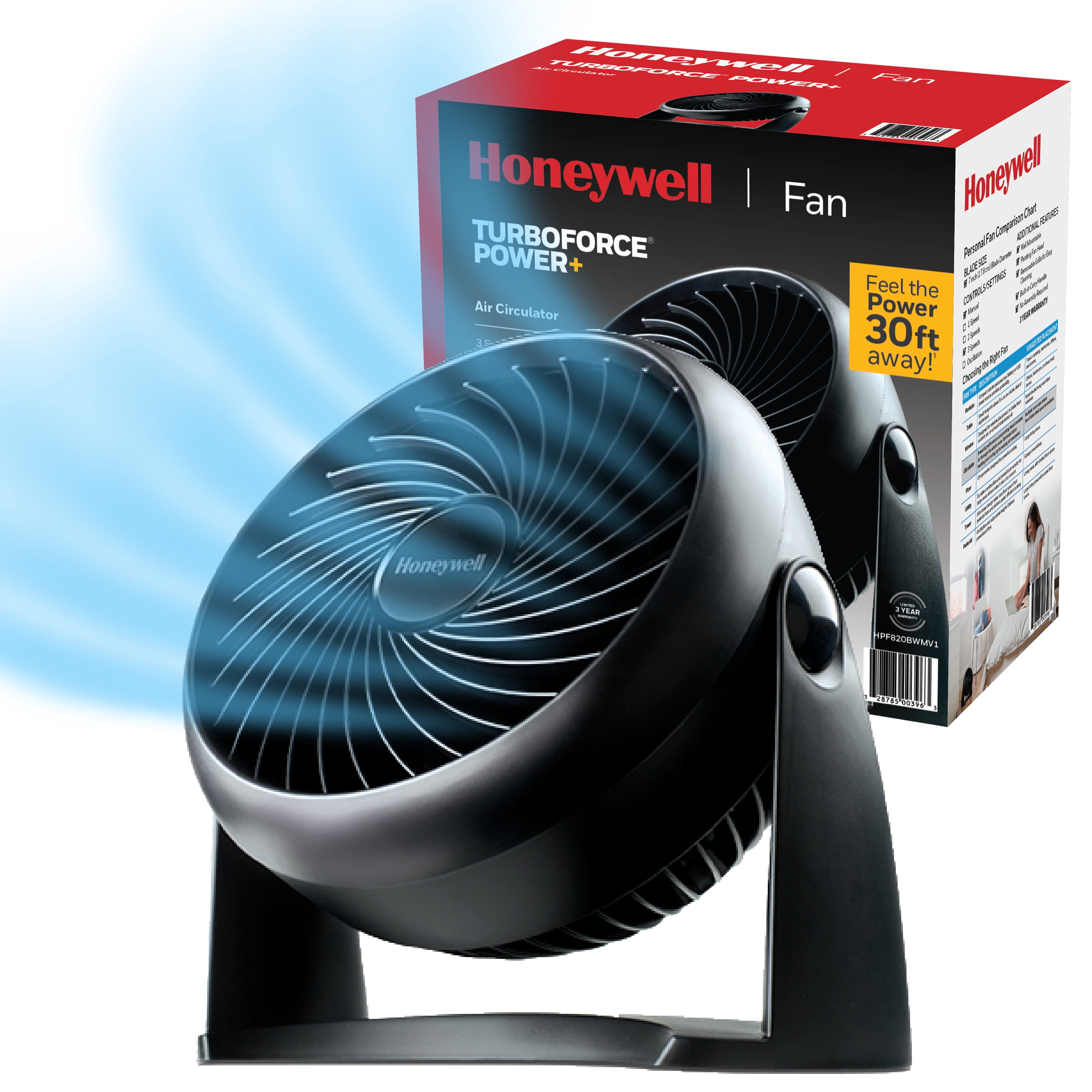 (4 pack) Honeywell 10”  Turbo Force Power Small Table Fan, 30ft. Air Circulation Power, Quiet operation, 3 Speed, 90° Pivot, Wall Mountable, Black, HPF820BWM