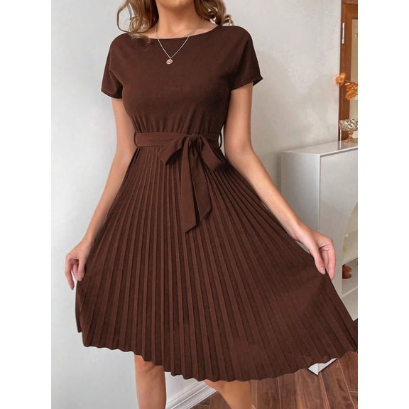 Coffee Brown Pleated A-Line Self-Belted Short Sleeve Dress With Boat Neck