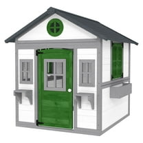 Kids Wooden Playhouse Outdoor, 3-8 Year Olds, White Cottage w/ Door, Windows & Planter Boxes