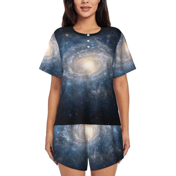 Fotbe The Galaxy Conjunto de Pijama Estampado para Mujer, 2 Piezas, Ropa de Dormir con Camiseta de Manga Corta y Shorts Suaves-Small