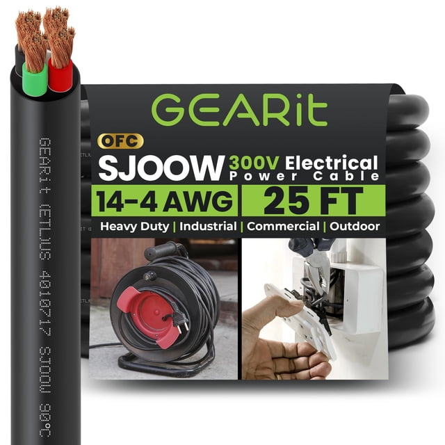 GearIT 14/4 14 AWG Cable de alimentación portátil (25 pies - 4 conductores) SJOOW 300V Cable eléctrico calibre 14 para cables de motor Luces portátiles Cargadores de batería Luces de escenario y maqui