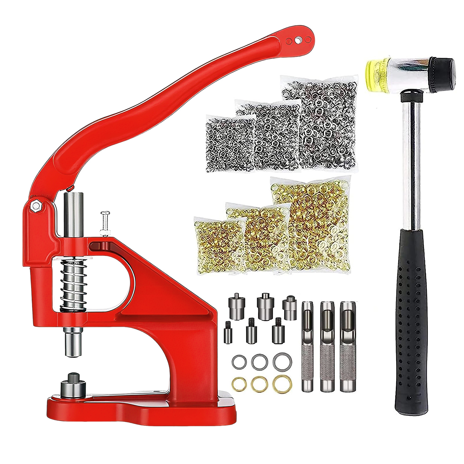 3000pcs Hand Press Grommet Machine, Heavy Duty Eyelet Grommet Machine Punch Tool Kit with Dies, Grommets, and Hammer for Snap Buttons, Rivets, Eyelets, and Pearls (Red)