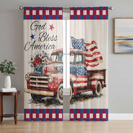 4th of July Sheer Curtains 72 Inch Length 2 Panels Set Independence Day Truck Red Blue Rustic Voile Window Treatment Rod Pocket Curtains Sheers Drapes for Bedroom/Living Room/Kitchen 52 x72 x2