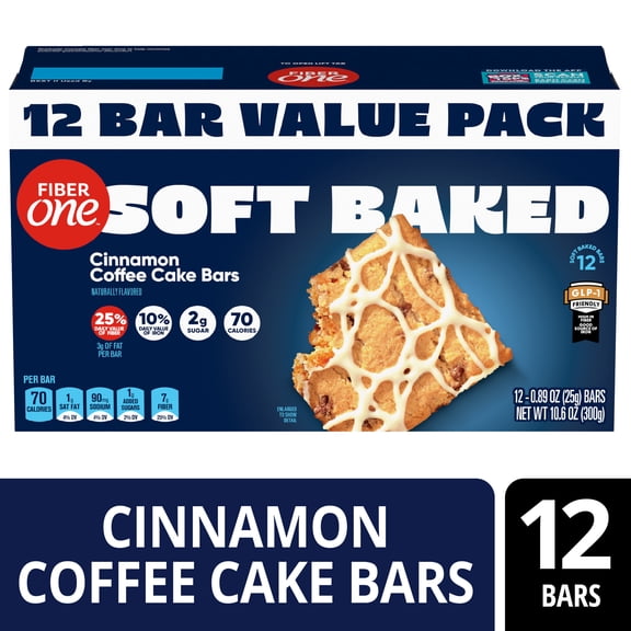 Fiber One Soft Baked Cinnamon Coffee Cake Bars, Fiber Snacks, Value Pack, 12 Bars, 10.6 oz