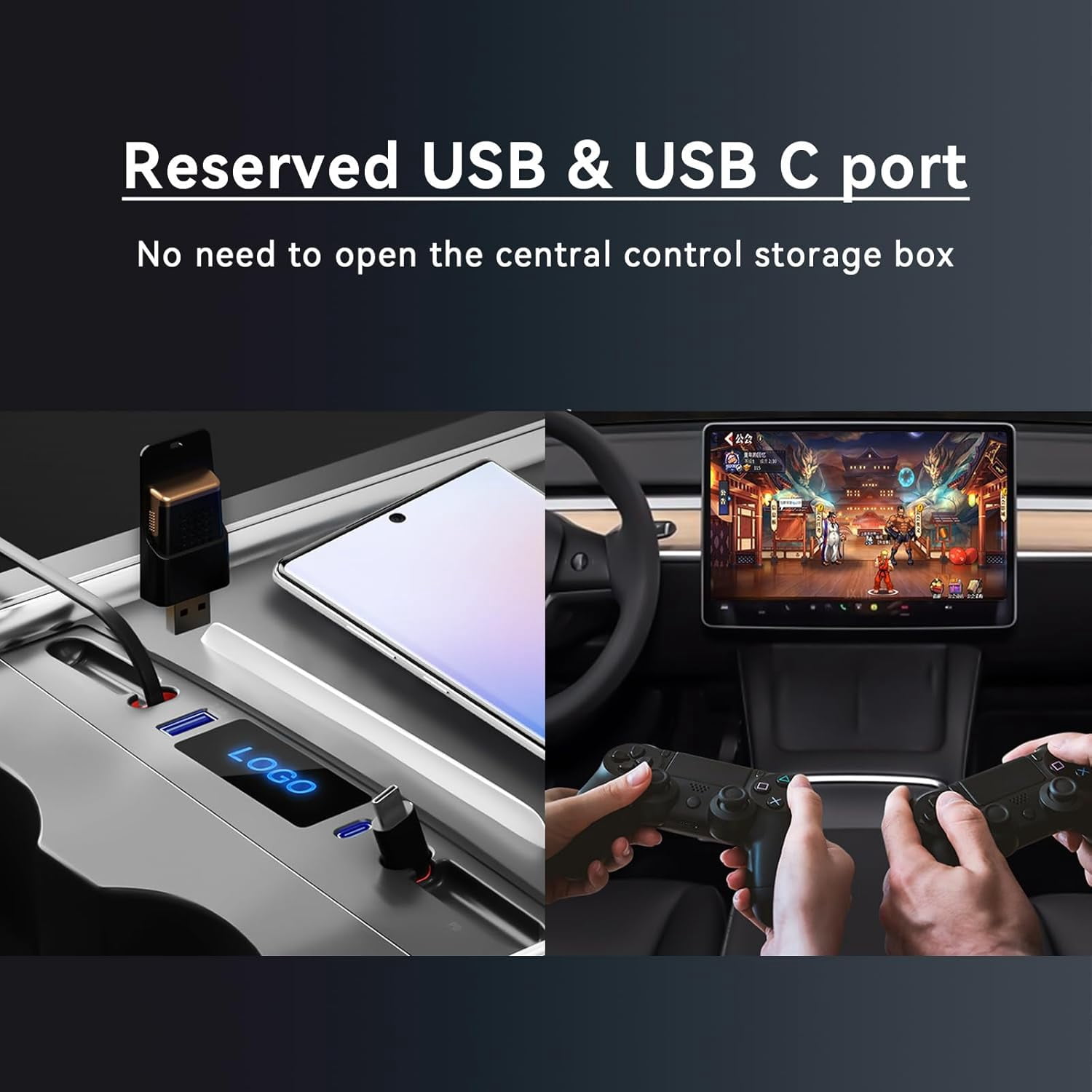 Car USB Charger for Tesla Model 3 Model Y 2024 2023 2022 2021, Upgrade Touch Switch Model 3 Model Y USB Hub with Dual Type-C Cable for Tesla Interior Accessories (Not fit Model 3 2024 Highland)