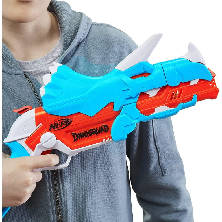 NERF DinoSquad Tricera-Blast Dart Blaster, Break-Open 3-Dart Loading, 12  Official Darts, Dart Storage, Triceratops Dinosaur Design 