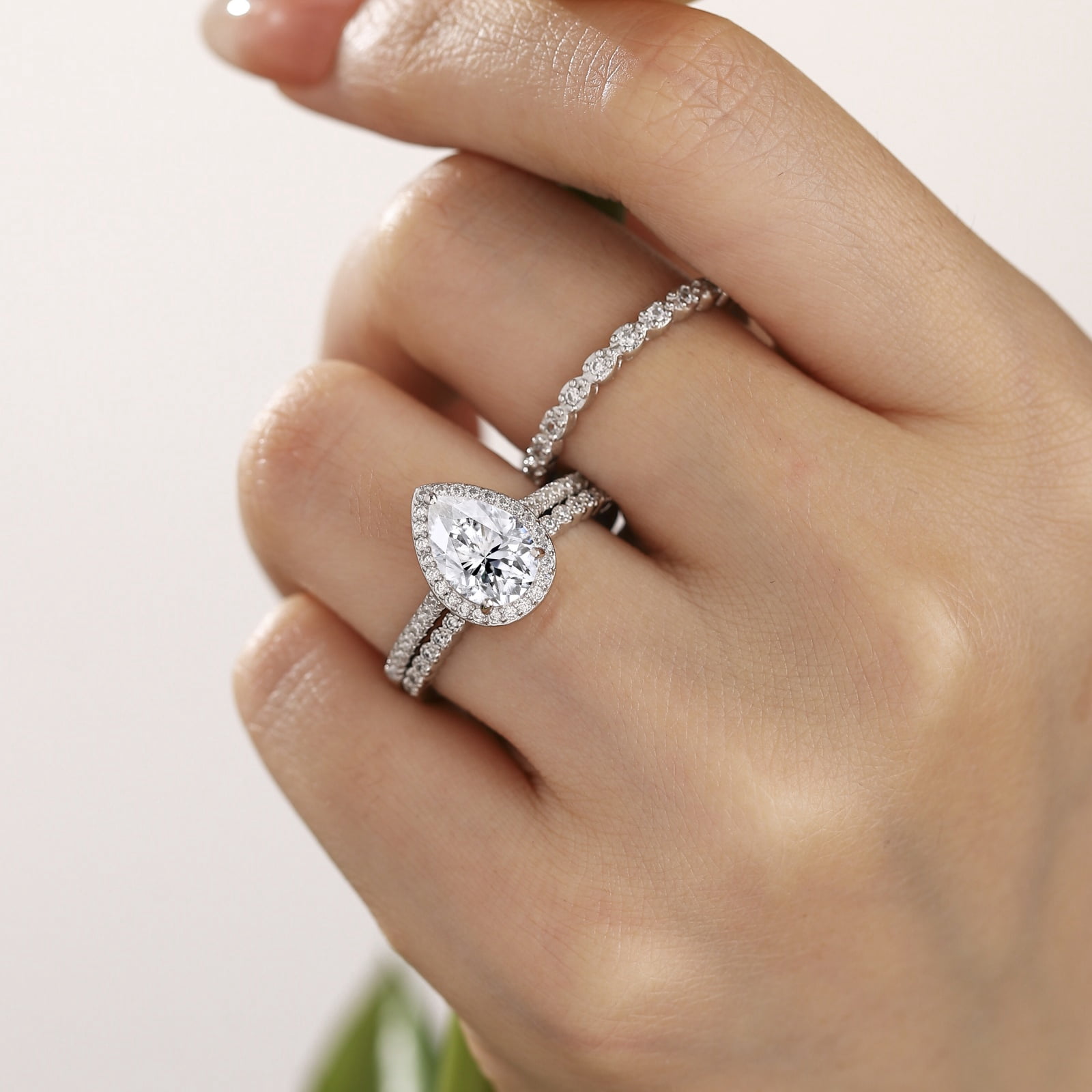 SFTING Wedding Rings for Women 925 Sterling Silver 5A CZ Pear Cut Engagement Ring Bridal Ring Set for Women Size 8