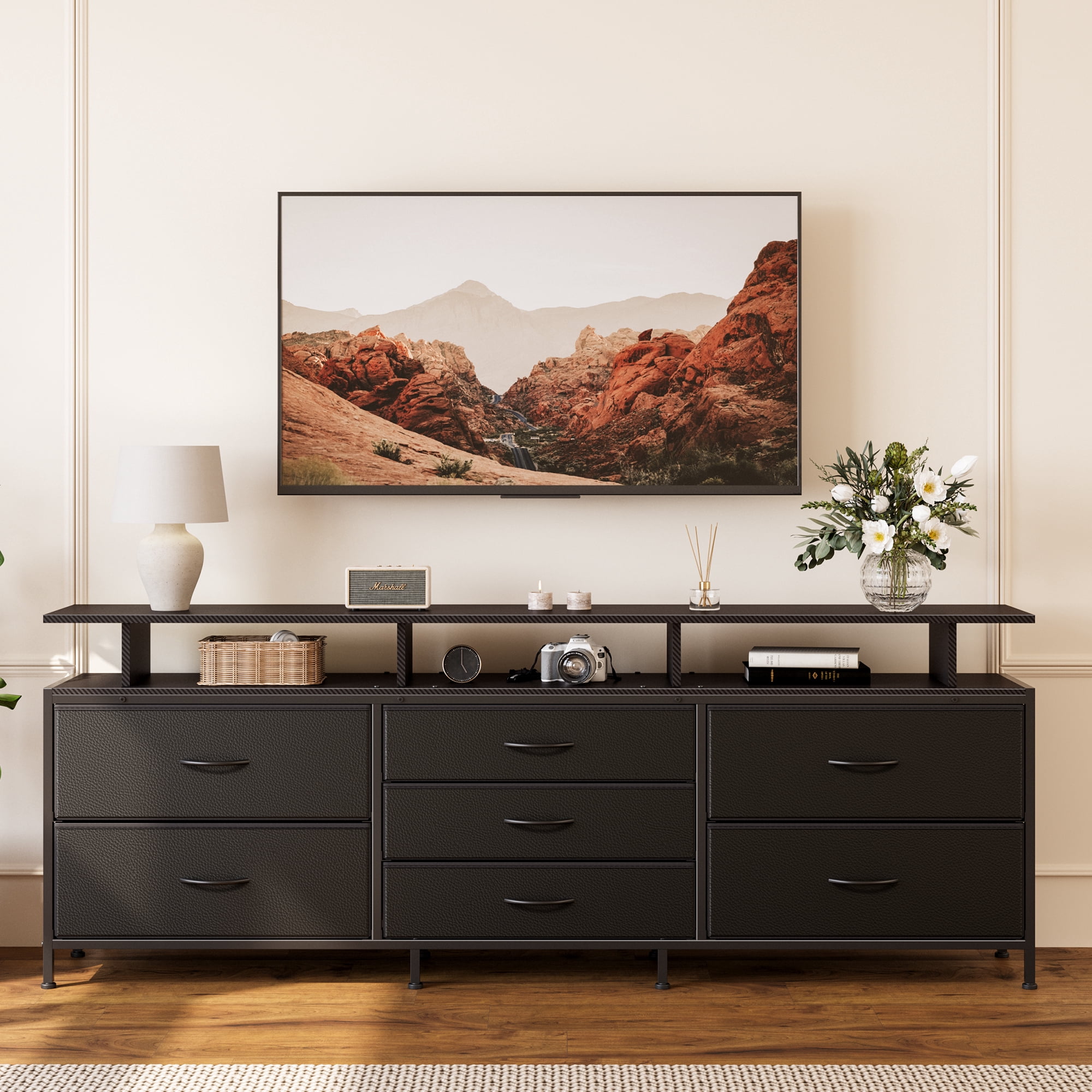 GUNAITO TV Stand with Adjustable Mount for TV up to 75", Big TV Stand for Living Room with 7 Fabric Drawers , Black