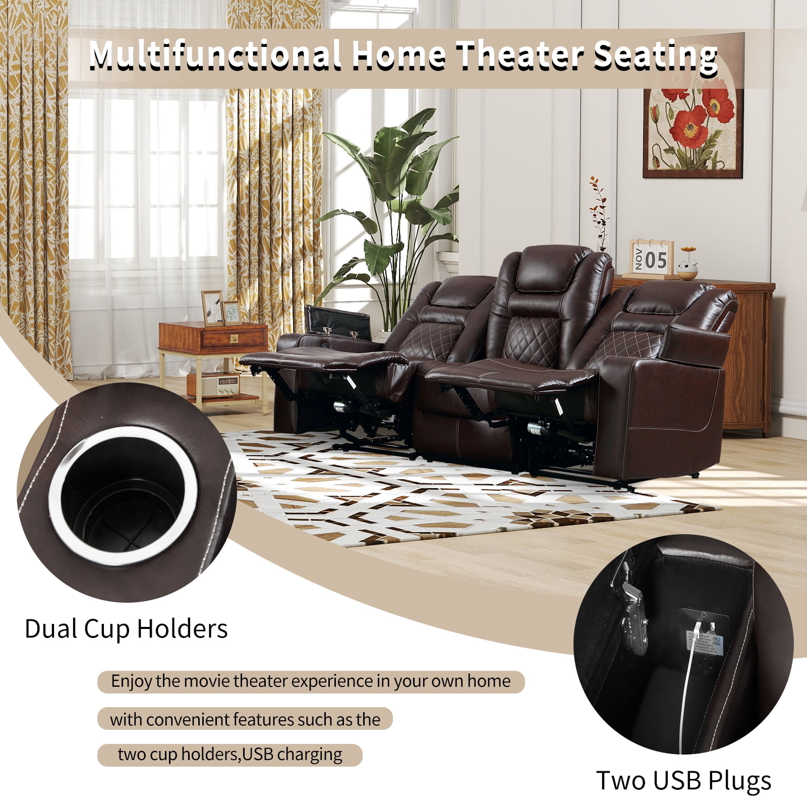 Bonzy Home Theater Recliner Chair Sofa, PU Leather 3 seat Power Recliner Sofa with Cup Holders, Hidden Arm Storage, USB Ports, Brown