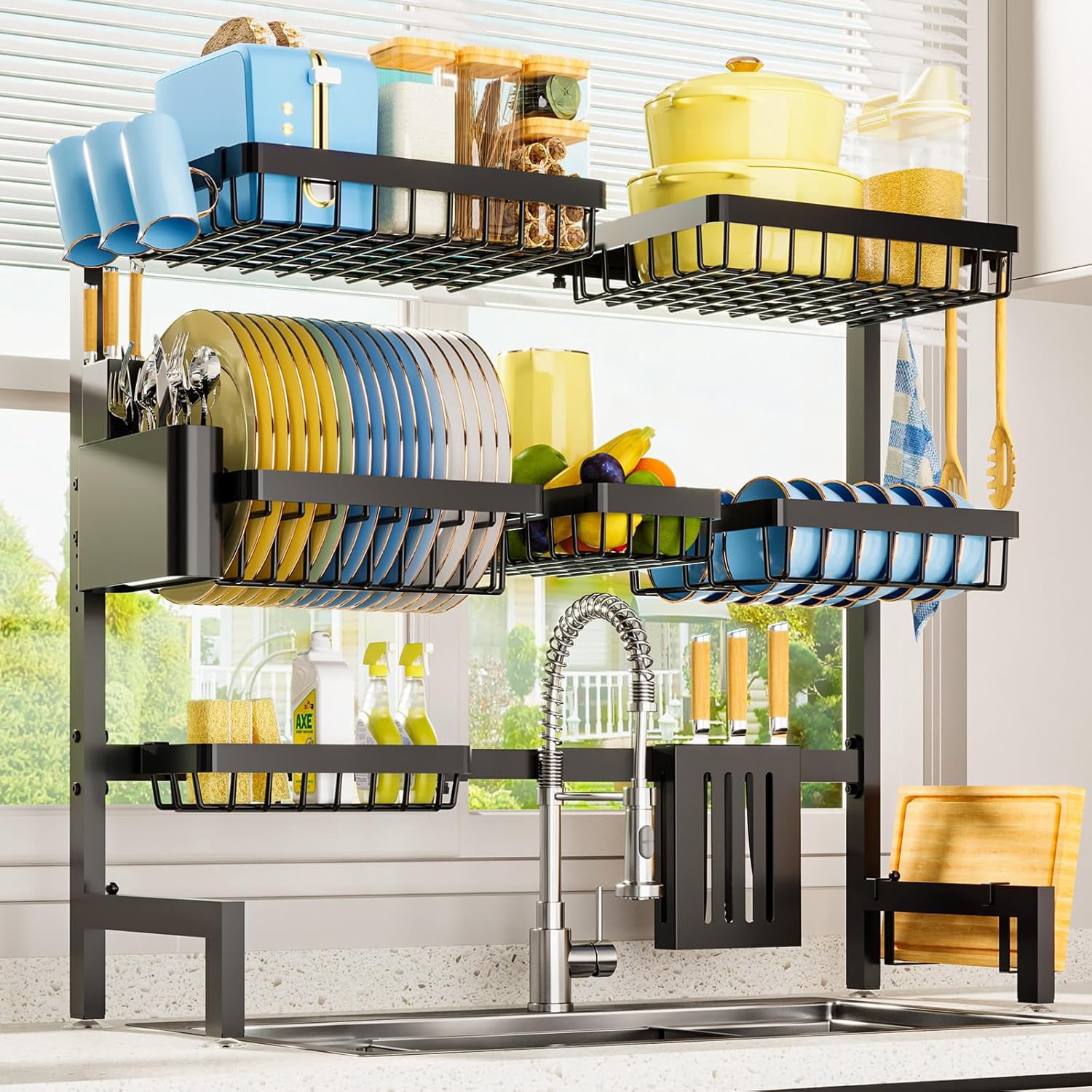 Dish Drying Rack - Over The Sink Dish Drainer Drying Rack with Utensil & Knife Holder, Hooks, Stainless Steel Kitchen Organizers and Storage Solution