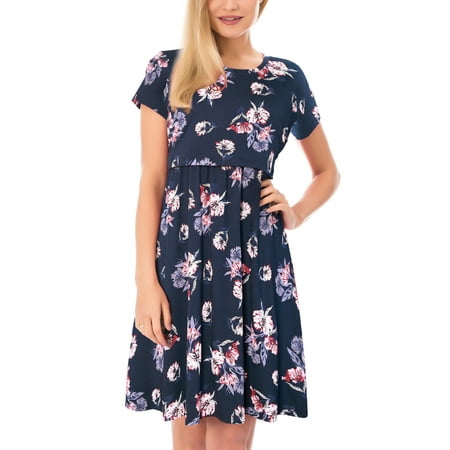 a woman wearing a floral maternity dress that is knee length