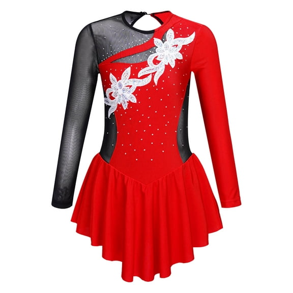 Aislor Kids Rhinestones Ice Skating Girls Mesh Spliced Long Sleeve Skirts Dance Dress