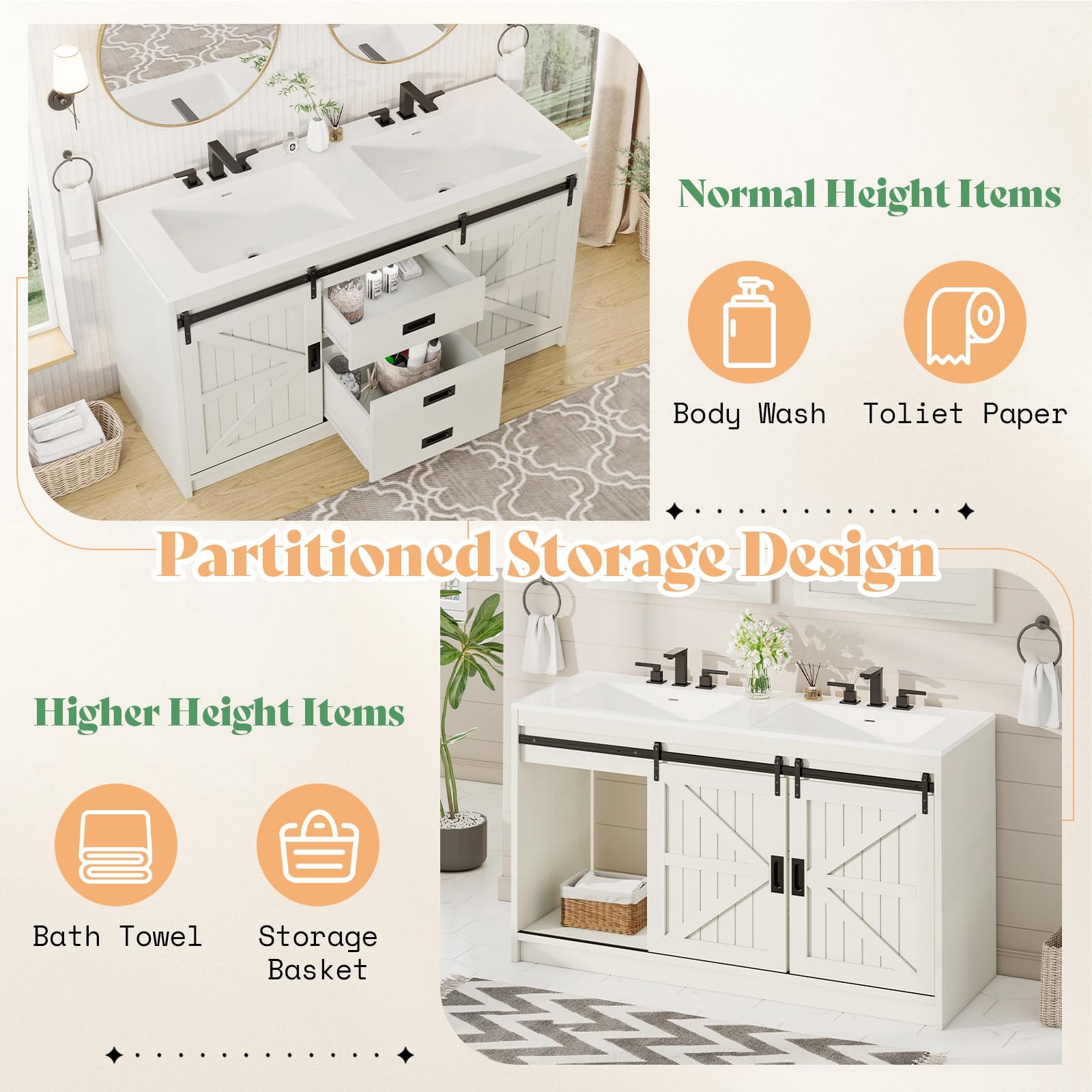 VanAcc 61" Farmhouse Double Bathroom Vanity with Sink Combo, Dual Basin Bathroom Storage Cabinet with Sliding Barn Doors & Drawers, White