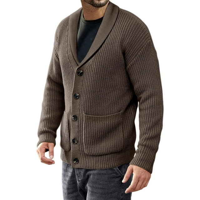 Langwyqu Autumn Winter Men Shawl Collar Long Sleeve Knit Sweater Male ...