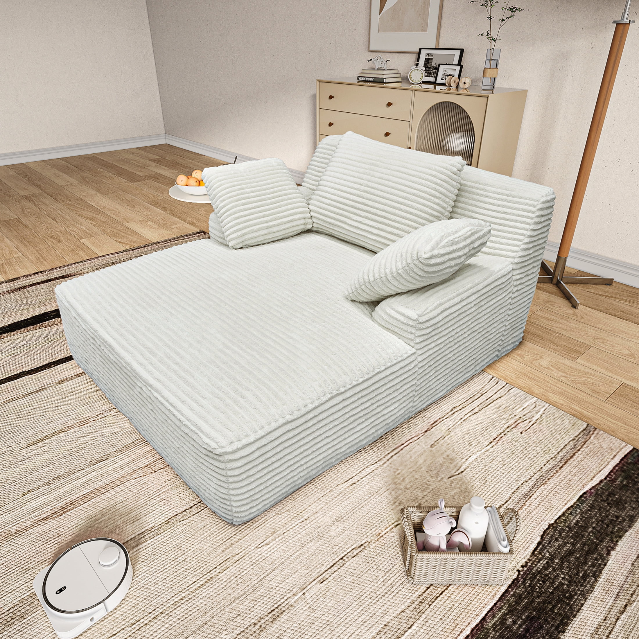 Noble House Salem 51" Oversized Chaise Lounge Chair, Plush Corduroy Sleeper Couch, Reading Chair for Living Room, White