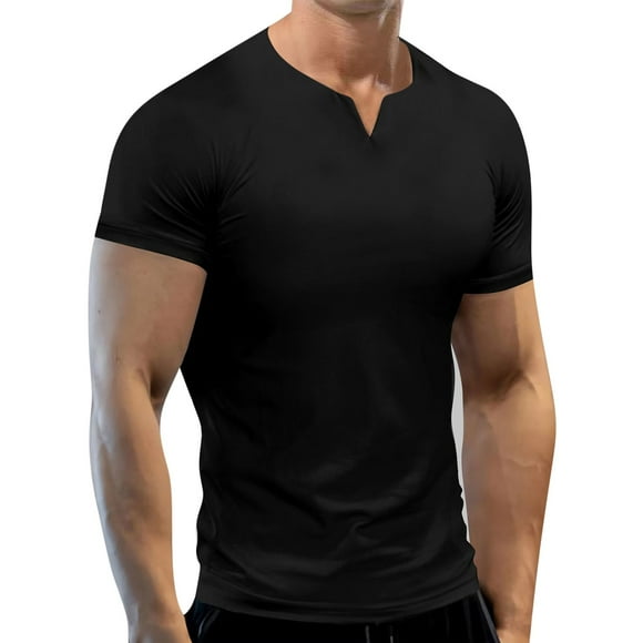 Kaemgyyd Mens Short Sleeve Muscle T Shirt Plus Size Notch V-Neck Casual Tops Solid Color Slim Gym Workout Athletic Tee