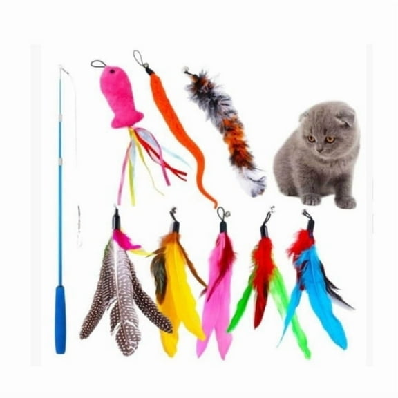 9PCS Cat Wand Toy, Cat Interactive Toys for Indoor Cats, 1 teasing stick cat, 8 replacement plush toys, Play Chase Exercise with Kitten