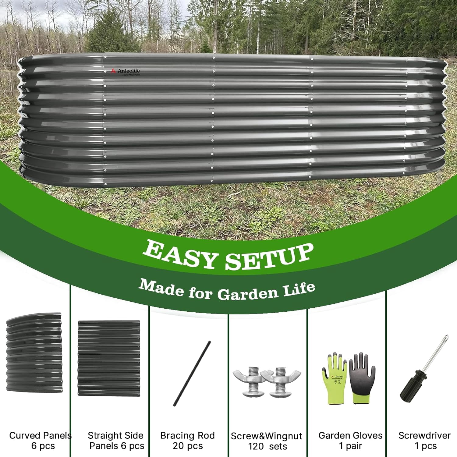 A ANLEOLIFE 30" Extra Tall Galvanized Raised Garden Beds Outdoor, 10x3x2.5ft Large Oval Metal Planter Boxes for Planting Vegetables, Flowers, Fruits, Eco-Safe & Easy Setup, Quartz Grey