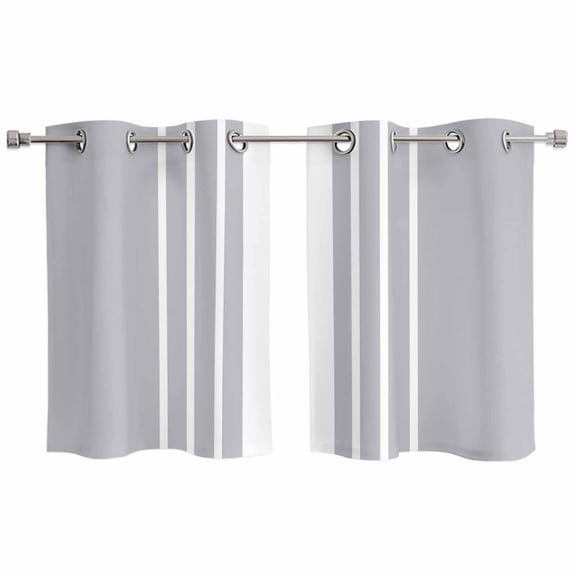 Light Grey Striped Kitchen Curtains Small Short 39 Inch Length, White Simple Neutral Modern Grommet Top Bedroom Living Room Curtains, Light Filtering Cafe Curtain Drapes 2 Panels Set 55''x39''