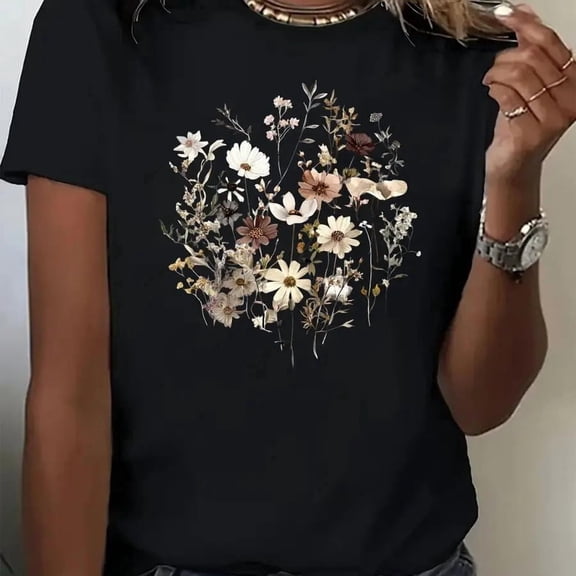 【New Arrival】Vintage Dried Wild Daisy Bouquet Floral T Shirt Women Casual Short Sleeve Tee Neutral Tone Botanical Print Dark Gray Tops Boho Floral Daily Shirts