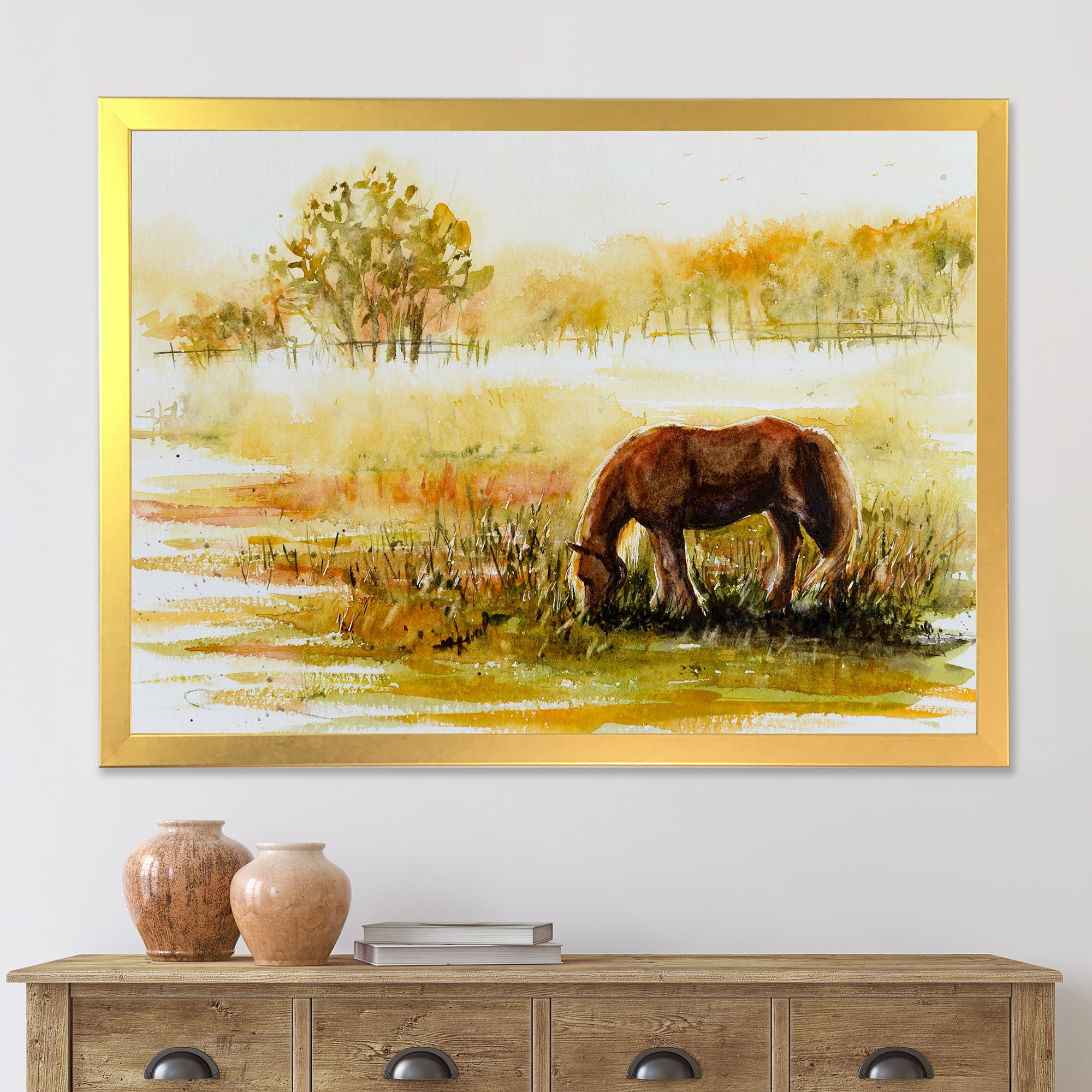 Designart 'Horse Eating Grass On A Meadow' Farmhouse Framed Art Print