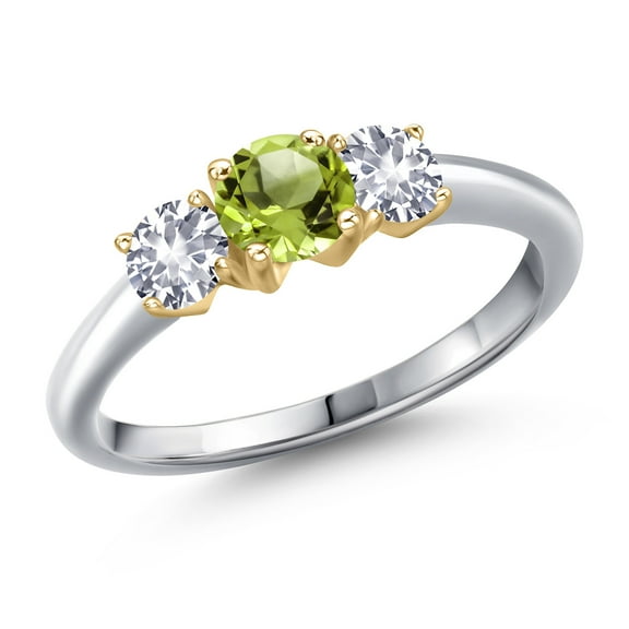 Gem Stone King 10K Two Tone Gold Green Peridot and White Created Sapphire Engagement Ring for Women | 1.05 Cttw | Round 5MM | Gemstone August Birthstone | Size 9