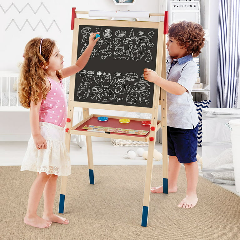 Versatile Wooden Kids' Art Easel: Height Adjustable with Magnetic Stickers and Paper - 23.5 x 21.5 x 44/46.5/49 (L x W x H) - Multi