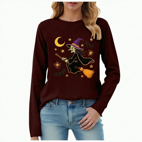 Towmus Women Long Sleeve T Shirts Casual Funny Halloween Party Shirts Lightweight Pullover Tops