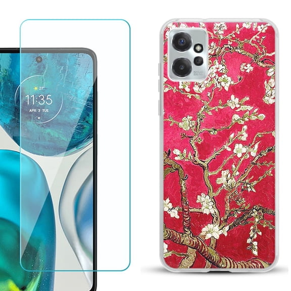 OneToughShield ® for Motorola Moto G Power 5G 2023 Shockproof Fashion Phone Case, with Tempered Glass Screen Protector - Almond Blossom Red