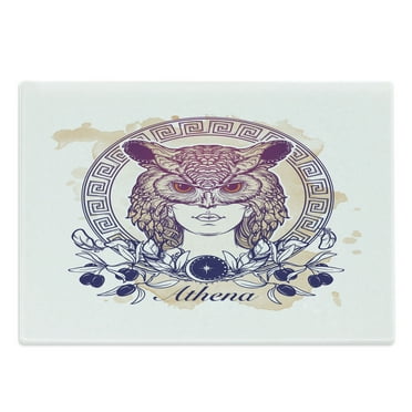 Athena Cutting Board, Circular Greek Myths Woman in an Owl Mask, Decorative Tempered Glass Cutting and Serving Board, in 3 Sizes, by Ambesonne