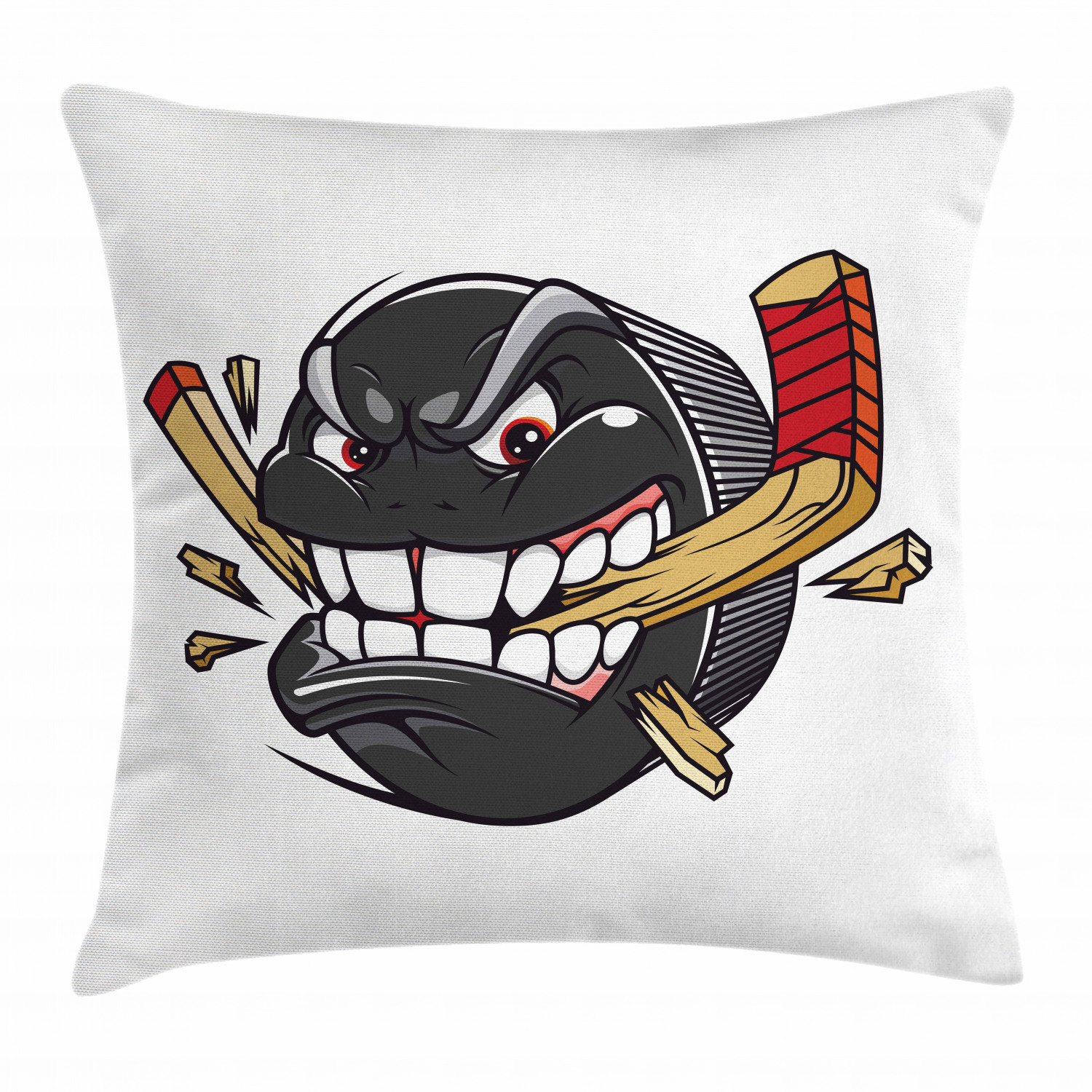 Hockey Throw Pillow Cushion Cover, Cartoon Hockey Puck Bites and Breaks