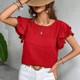 thumbnail image 5 of Fesfesfes Women's Casual Wrinkle Tops New Summer Short Ruffle Sleeves T-Shirt Round Neck Textured Fabric Flowy Tee Solid Color Outdoor(Red,M), 5 of 7